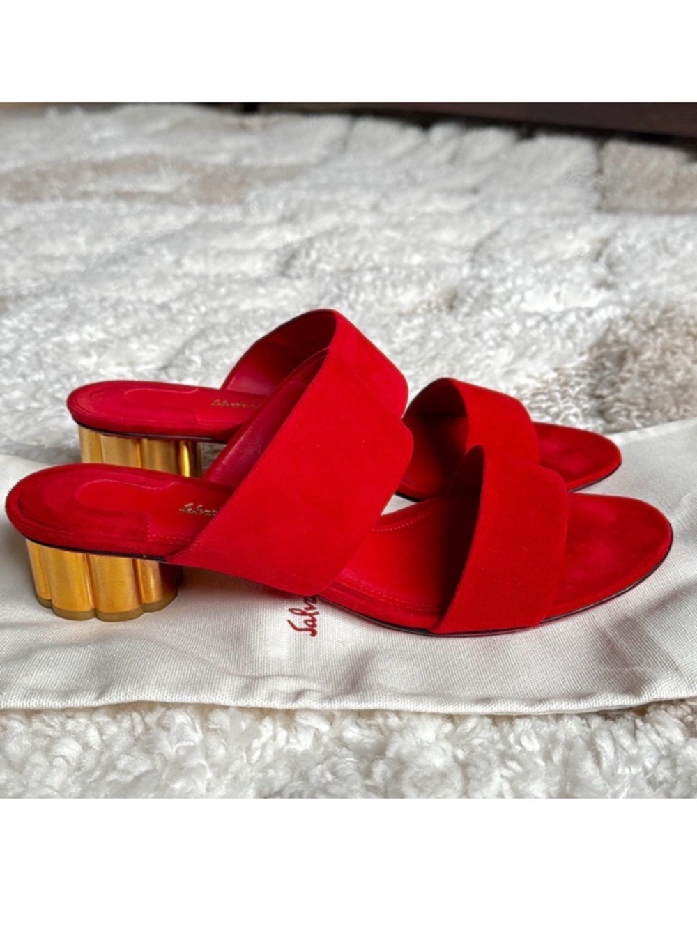 Salvatore ferragamo red suede gold block heel strappy heel sandals mule 8